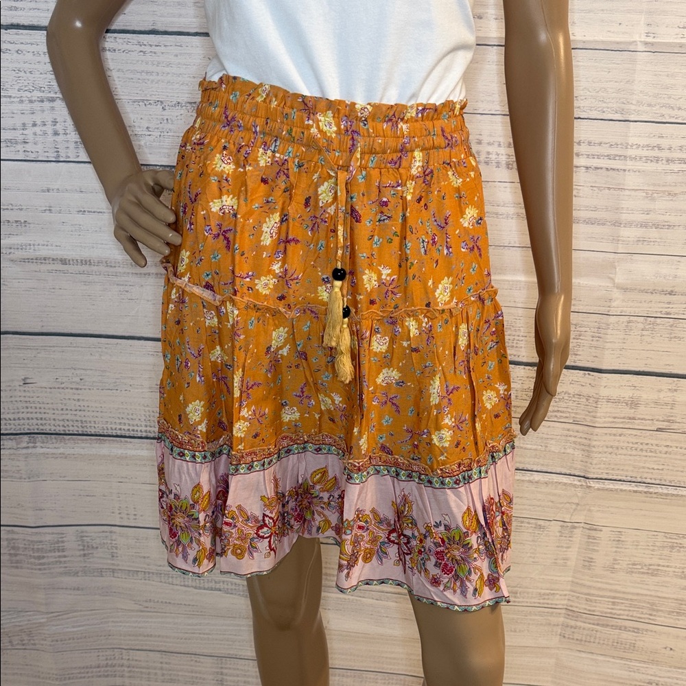 NWOT Boho Floral Tiered Skirt in Mustard and Pink - Picture 2 of 6